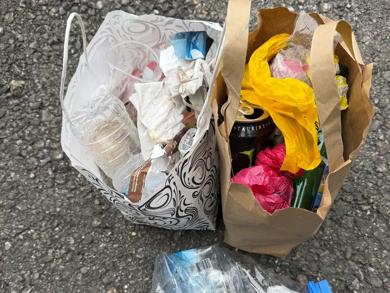 Zwei Tragtaschen voll eingesammeltem Abfall: PET-Flasche, Energydrink-Dose, Plastiksäcke und Papiertaschentücher, davor ein zerdrückter Wasserkanister